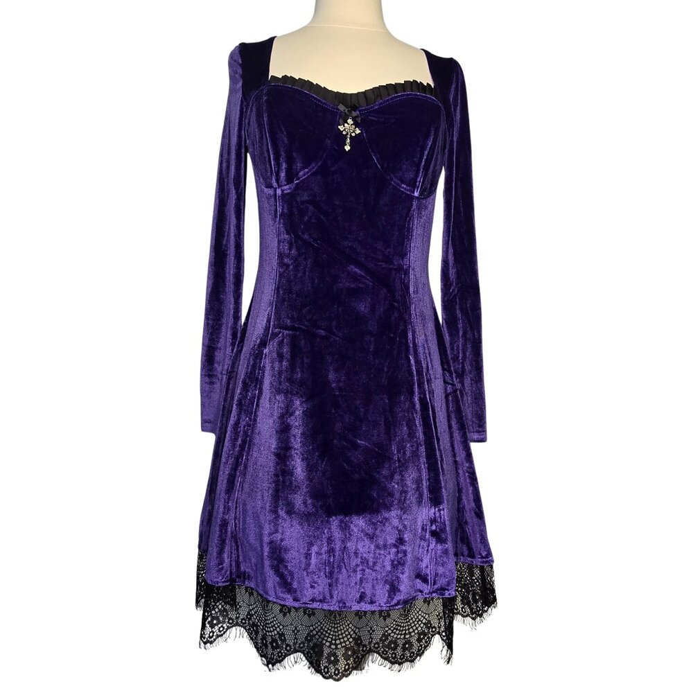 WhimsiGoth Purple Velvet Mini Dress w/ Lace Trim & Cross Pendant – Large